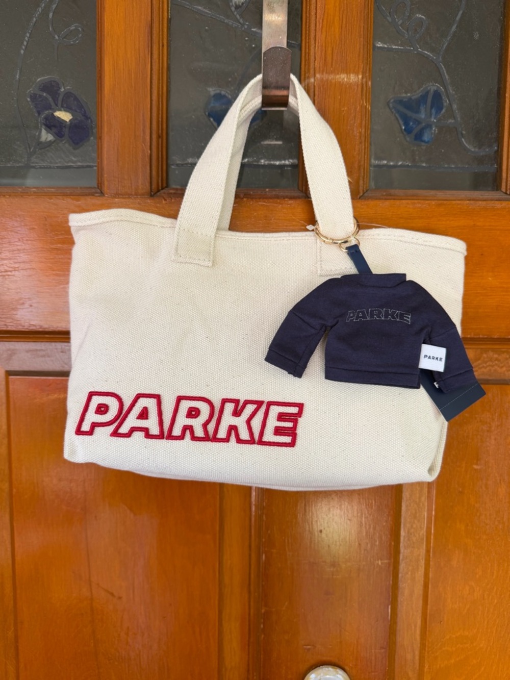 PARKE Embroidered Canvas Tote in Cream with Red Logo with Sweatshirt Key Chain